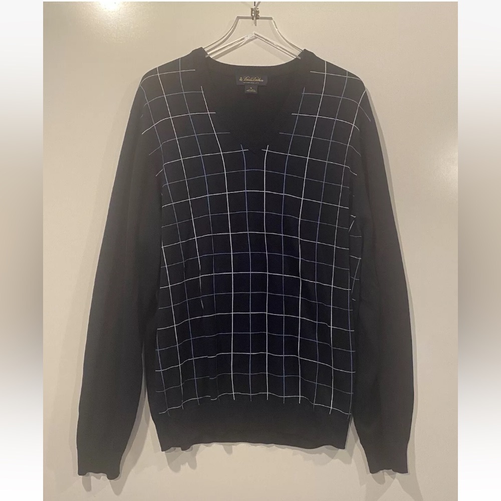 Brooks Brothers Navy Blue Check Silk Blend V-Neck Sweater Mens Size Xl (529)